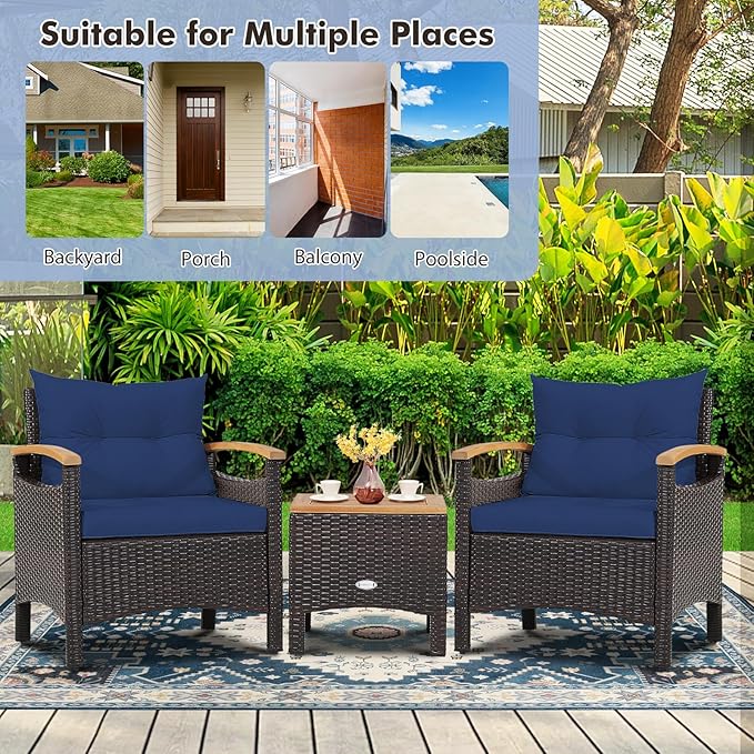 KOTEK 3 Piece Patio Furniture Set, Outdoor Conversation Set with Removable Cushions, Acacia Wood Tabletop and Armrests, PE Rattan Wicker Bistro Set for Porch, Balcony, Backyard (Navy)