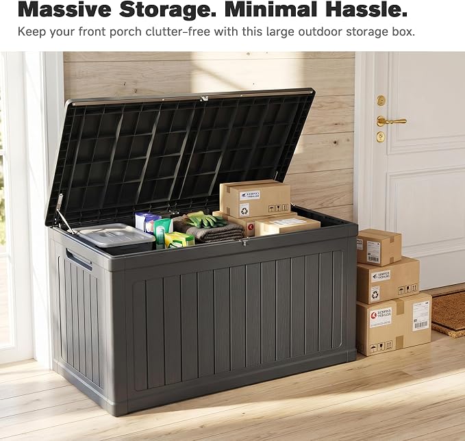 XXL Large Gallon Resin Deck Box, Waterproof Lockable Outdoor Storage Box, Black Organizer for Patio Furniture, Cushions, Garden Tools, Pool & Sports Equipment (230, Gallons)