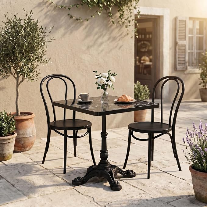 31.5" Square Outdoor Patio Dining Bistro Table, Sintered Stone Top | Glossy sintered stone top, cast iron tulip base, compact size for patio, balcony, garden, or café use, 2-4 People Dining