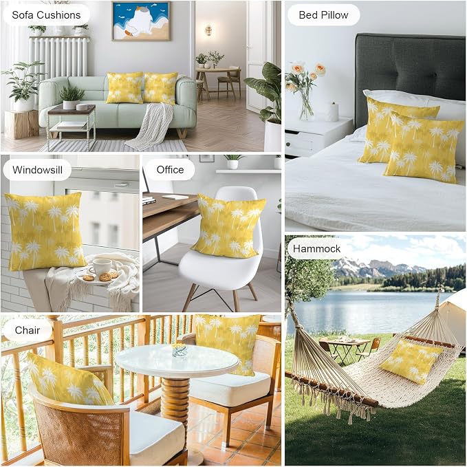 Throw Pillow Covers 20x20 Inch Set of 2, Tropical Palm Tree Waterproof Outdoor Pillow Covers, Yellow White Plants Coastal Leaf Beach Decorative Cushion Pillowcases for Couch, Sofa, Bed, Garden, Patio