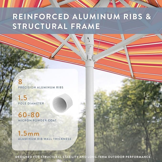 California Umbrella 12-Year Protection 7.5-Ft Outdoor Patio Umbrella, Sunbrella Fade-Resistant Fabric, Auto-Tilt, Heavy Duty Aluminum Frame, 8 Reinforced Ribs for Pool or Deck, White Pole, Dolce Mango