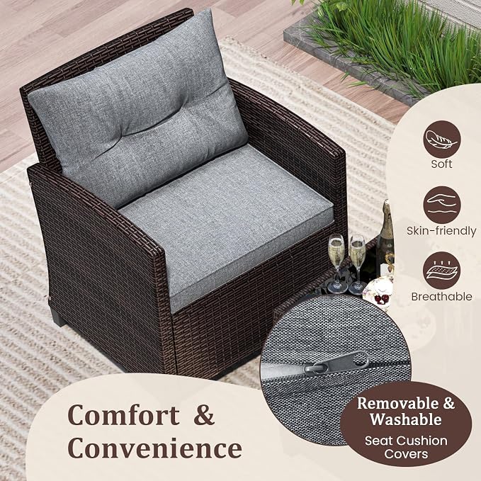 DORTALA Wicker Patio Furniture Set 3 Piece, Outdoor Table and Chairs with Tempered Glass Tabletop, Cushions, Small Rattan Conversation Sofa Set for Balcony, Porch, Backyard, Deck, Grey