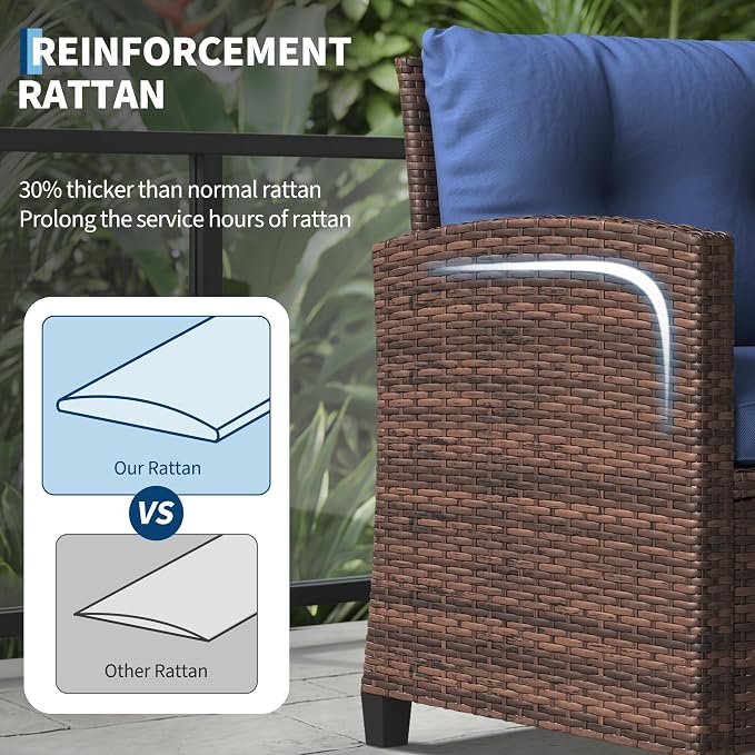 GarveeHome 3-Piece Outdoor Wicker Sofa Set, PE Rattan Patio Furniture with Removable Washable Blue Cushions & Tempered Glass Table, Conversation Seating for Garden, Poolside, Balcony, Brown Wicker