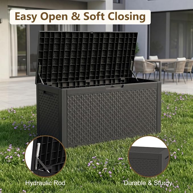 140 Gallon Outdoor Storage Box, Large Resin Deck Box, Waterproof Lockable Storage Container, Storage Bins with Lids for Patio furniture, Garden Tools, Black