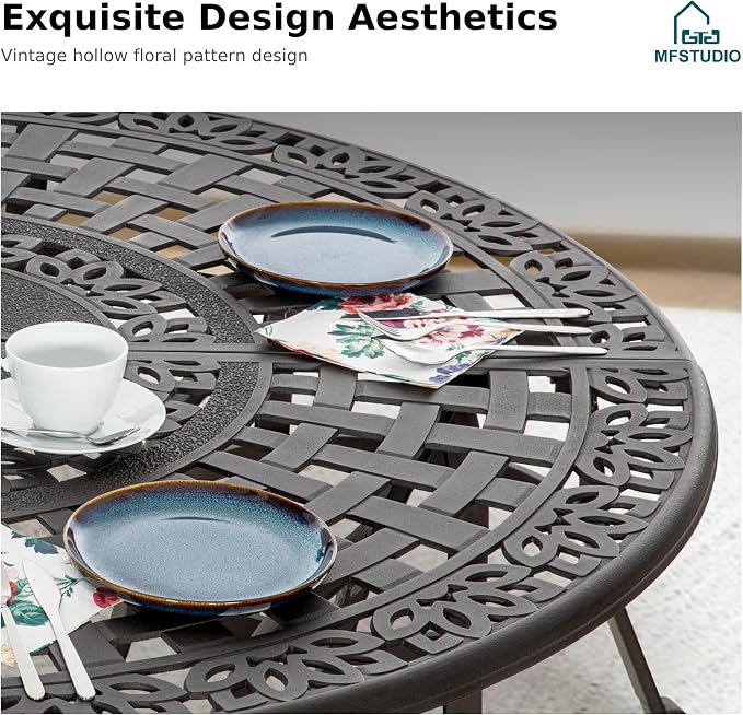 MFSTUDIO Cast Aluminium Bar Height Outdoor Table, Round | 54.35”Dia x 39.4”H, 2.17" Umbrella Hole, Retro Hollow Pattern, Adjustable Non-Scratch Feet, for 6 Person, for Patio Backyard