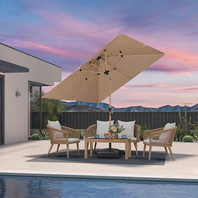 PURPLE LEAF 8' x 8' Square Outdoor Table Umbrella with Base Patio Umbrella Aluminum Market Umbrella with Push Button Tilt & Crank and 8 Ribs Outdoor Umbrella for Pool Backyard Beach, Taupe