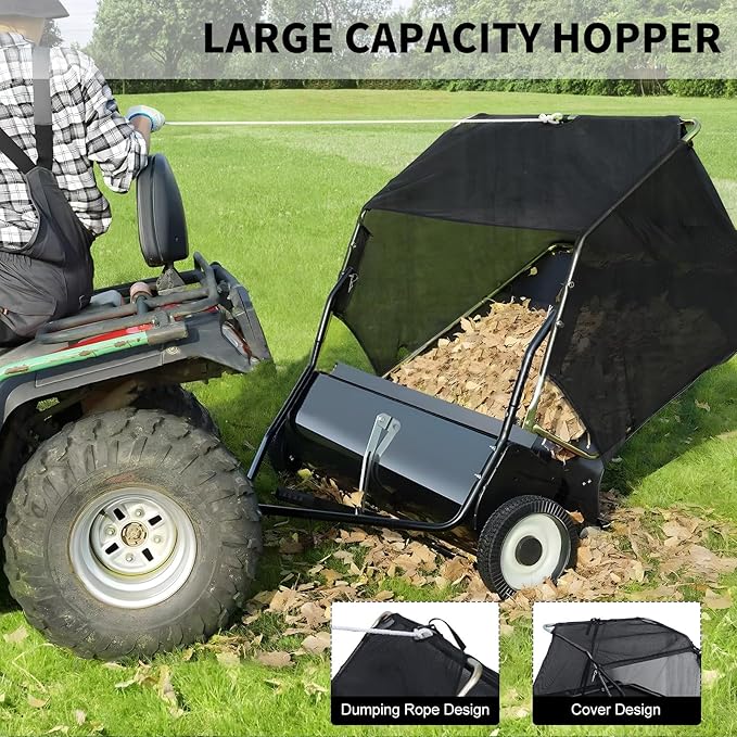 44 Inch Tow Behind Lawn Sweeper - Heavy Duty Adjustable Height Pull Behind Lawn Sweeper, 25 cu. ft Large Capacity Leaf & Grass Collector Hopper for Yard, Lawns, Farm （US Fast Arrival）