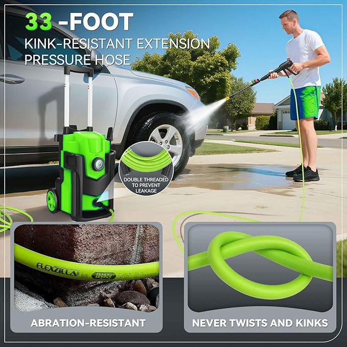 Electric Pressure Washer 5000PSI, Heavy Duty Power Washer, with 4 Nozzles,Foam Cannon,33FT Hose and 500ml Soap Bottle,Car Wash Machine/Car/Driveway/Patio Clean (Light Green)