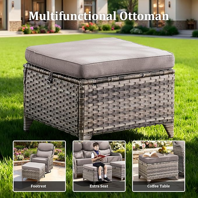 Luxury High Back Patio Furniture Set with 6-Inch Thick Cushions, 6-Pieces Outdoor Furniture with Swivel Chairs and Side Table, Wicker Conversation Set for Porch, Balcony, Deck and Yard, Grey