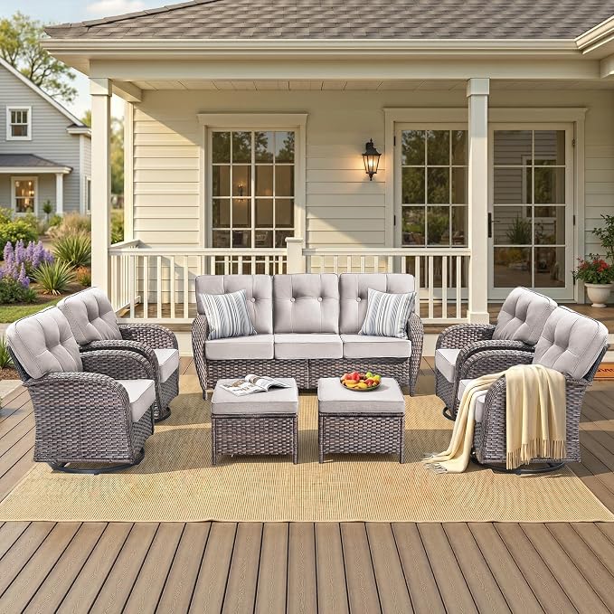 7 PCS Patio Furniture Set Outdoor Sectional Sofa Couch with Rocking Swivel Chairs 5" Deep Seat Chairs, Modern Wicker Rattan Conversation Set, Beige/Brown Wicker