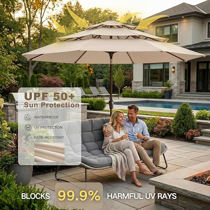 Kingdura 9ft 3-Tier Patio Umbrella, Outdoor Table Umbrella with Easy Crank & Tilt, 8 Reinforced Ribs, UV Protection for Deck, Pool, Market, Backyard (Beige)