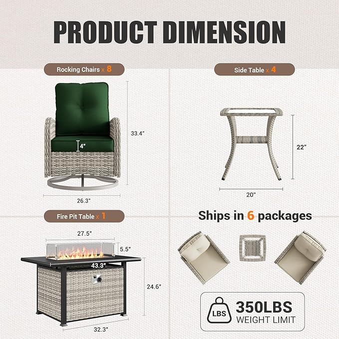 13Pcs Patio Rocking Swivel Chair with 55,000 BTU Fire Pit Table Outdoor Wicker Rattan Bistro Set with Tempered Glass Side Table, Outdoor Patio Furniture Set for Garden and Balcony, Green