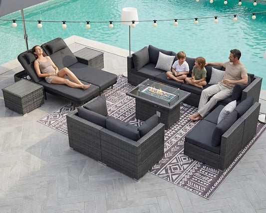 NICESOUL 13 Piece Patio Furniture Set with Fire Pit, 29.3'' High Back Outdoor Patio Set with Fire Pit & Chaise Lounge, Large Modular Outdoor Grey Wicker Sofa 500 lbs Heavy Duty for Deck, Pool