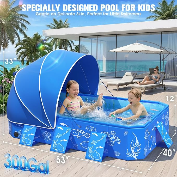 FizZeal Kiddie Pool with Canopy,Baby Swimming Pool for Toddler,Non-Inflatable Portable Pool for Kid,Foldable Toddler Pool with Shade,Kids Pool for Backyard.Outdoor Pop Up Kiddie Beach Pool 53"x40"x33'