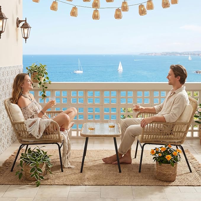 BULEXYARD 3 Pcs Boho Outdoor Patio Furniture Sets with Side Coffee Table, Natural Color Wicker Conversation Chair Sets with Cozy Beige Cushion for Backyard Porch Balcony Deck