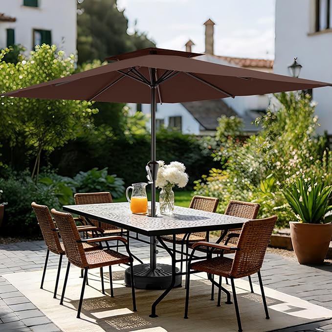 AreShark 8'x10' 2 Tiers Rectangular Patio Umbrella - Outdoor Umbrella Waterproof UV Protection, Market Table Umbrella w/Crank for Pool, Backyard, Deck(Dark Brown)