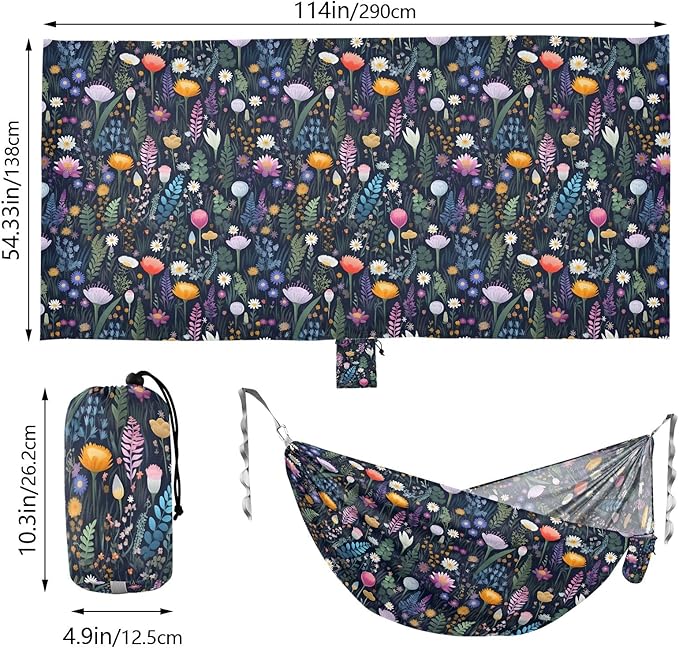Camping Hammock Outdoor Hammocks for Outside Wild Flowers Black Beach Trees Portable Lightweight with Pockets Tree Straps Indoor