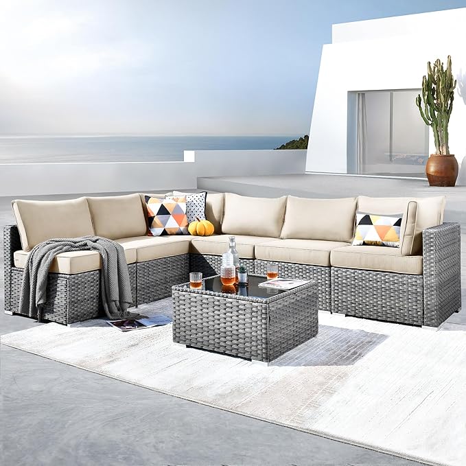 ovios Outdoor 7 Piece Coversation Set with Coffee Table,Sectional Patio Furniture Set with All-Weather Wicker Sofa,Modern Outside Couch for Balcony Backyard Pool, Beige