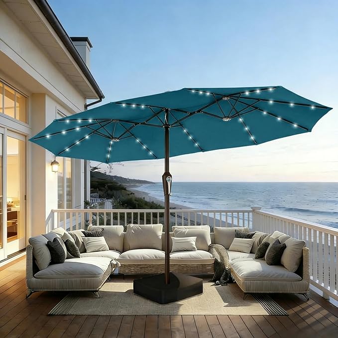15FT Patio Umbrella with Solar Lights, Double-Sided Extra Large Outdoor Table Umbrella with Base Included, Heavy-Duty 12 Iron Ribs Market Umbrella for Garden, Pool, Backyard, Lake Blue
