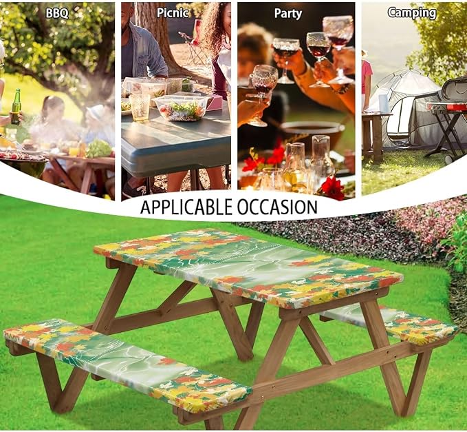 Yellow Flower Picnic Table Cover with Bench Covers Washable Outdoor Camping Tablecloth Summer Abrasion Resistant Waterproof Picnic Table Cover 3 Piece Set