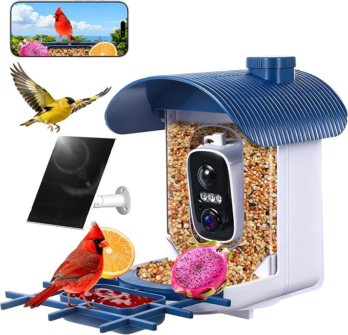 Smart Bird Feeder with Camera : 2K HD Video Live Stream, AI Birds Species Identification ＆ Instant Arrival Alerts, Solar Bird Feeder Camera for Outdoor Backyard - Ideal Gifts for Mom Dad Birdlovers