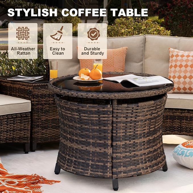 MEISSALIVVE 8-Piece Half-Moon Curved Outdoor Patio Furniture Set, Sectional Conversation Sofa with 2 Half-Moon Ottomans, Round Coffee Table for Backyard Deck Garden, Beige