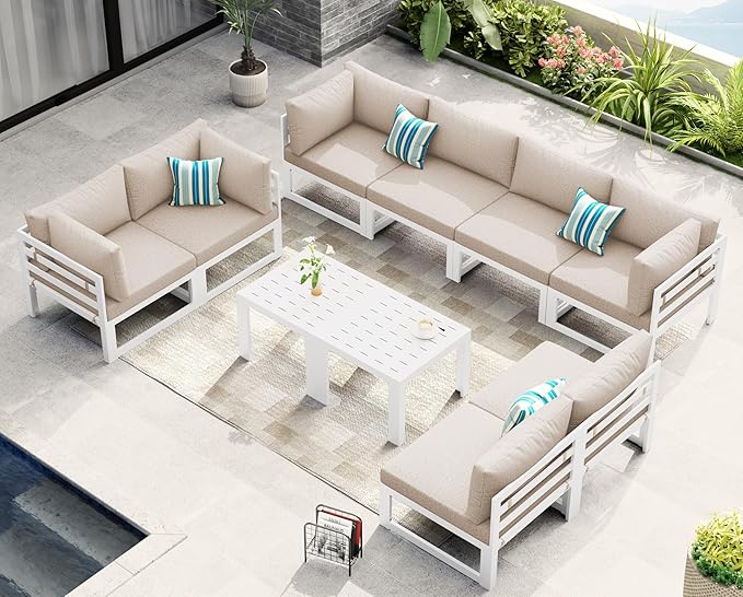 NICESOUL 8 Seat Oversized Modern Aluminum Patio Furniture Set, Weather Resistant Modular Sectional Sofa with Coffee Table, 500 lbs Heavy Duty Comfortable Outdoor Couch for Exterior Backyard, Beige
