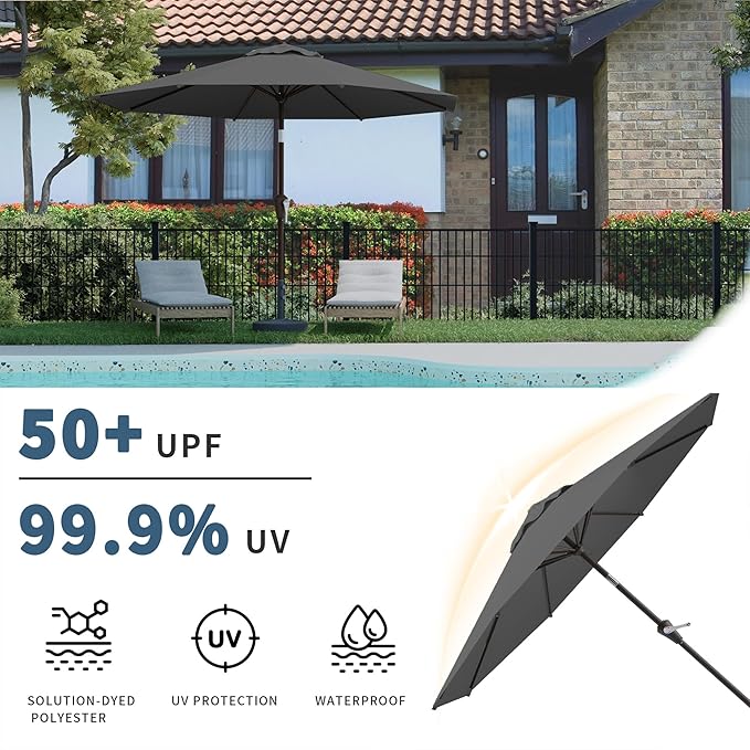 10FT Patio Umbrella, Outdoor Umbrella with Push Button Tilt and Crank, 8 Sturdy Ribs, UV Protection & Waterproof Market Umbrella for Pool, Backyard, Beach,Deck (Gray)