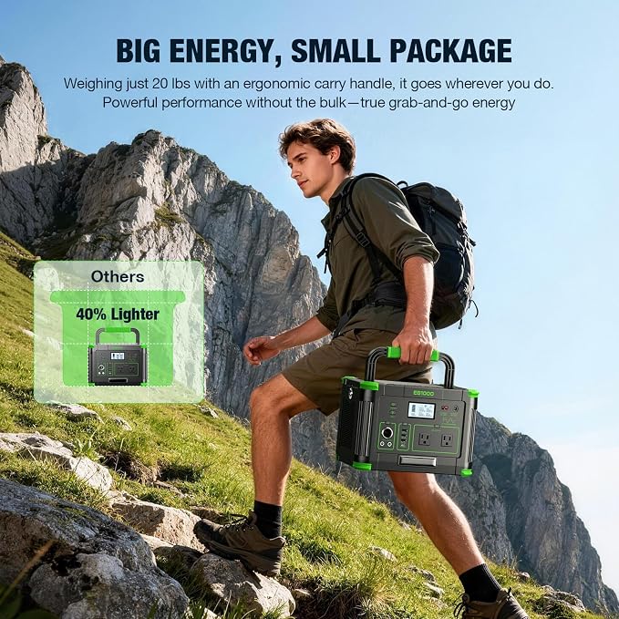 Solar Generator 1000W Portable Power Station, 120V Pure Sine Wave AC Outlets, 60W USB-C PD Fast Charging, 10 Ports for RV Trip,Camping,Home Emergency