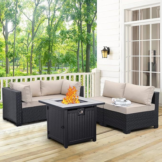 WAROOM Outdoor 5 Piece Patio Furniture Set, Black Rattan Conversation Couch Resin Wicker Sectional Sofa Outside Chair with Propane Fire Pit Table, Khaki Cushion