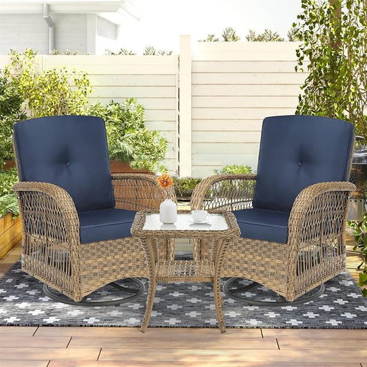 3-Piece Patio Wicker Conversation Bistro Set, Rattan Gliding Rocking Swivel Chairs with Cushion and Glass Top Side Table Outdoor Furniture Sets for Garden Backyard, Navy Blue