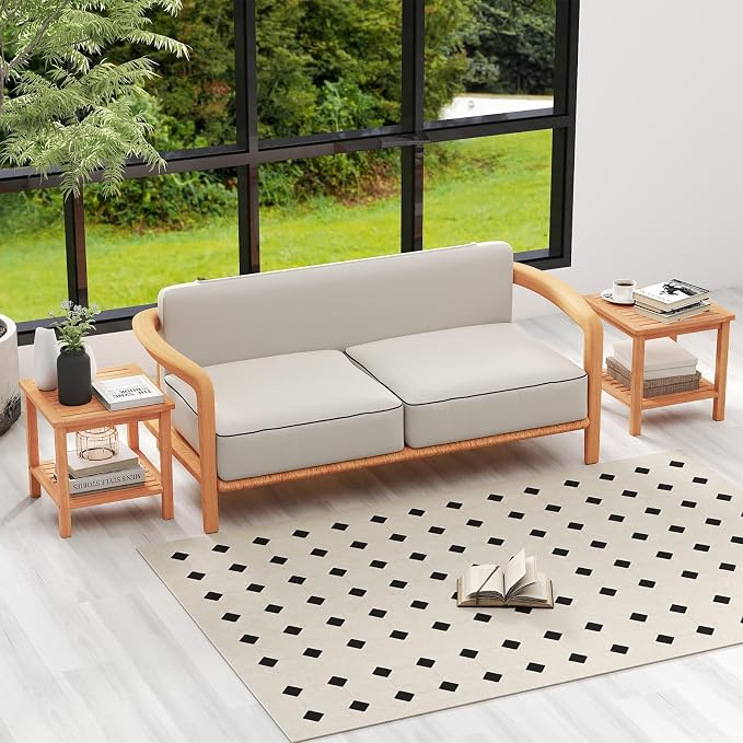 HAPPYGRILL Acacia Wood Outdoor Side Table, 2-Tier Indoor End Table with Spacious Tabletop and Slatted Storage Rack, Square Wood Table for Poolside, Living Room, Porch, Balcony and Garden (2)