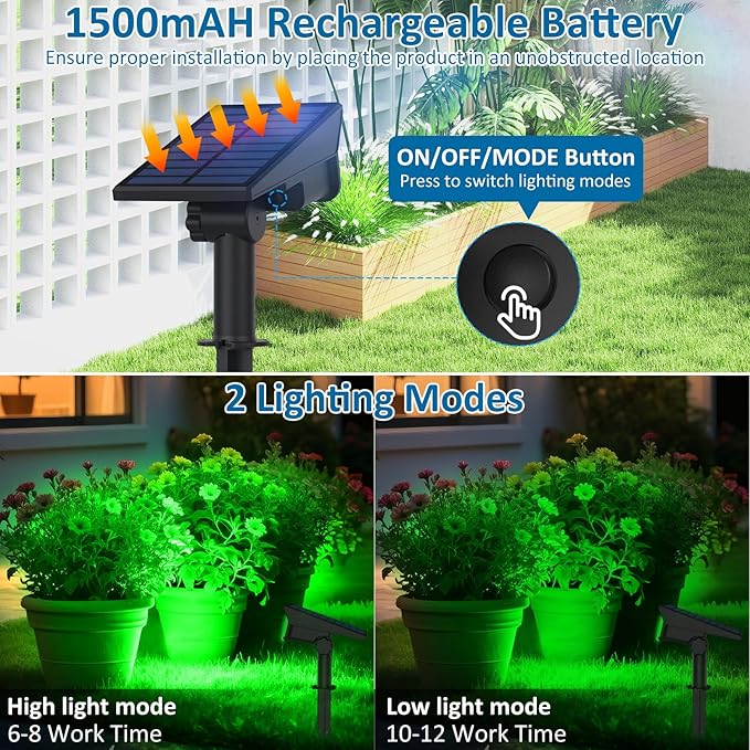 T-SUNUS Green Solar Spot Lights Outdoor 4 Pack LED Landscape Spotlights Waterproof IP65 Dusk to Dawn Adjustable Uplights 2 Modes for Yard Garden Tree Driveway Patio St Patricks Day Halloween Christmas