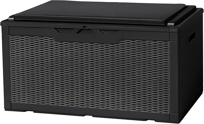 Flamaker Deck Box with Cushion 98 Gallon Waterproof Resin Storage Box with Air Rod Indoor Outdoor Lockable Storage Bench for Patio Furniture, Tools, Pool Accessories (Black)