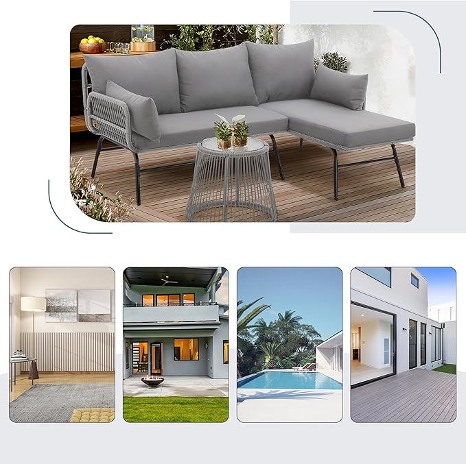 EROMMY 3 Piece Boho Patio Conversation Sets, L-Shaped Sectional Patio Furniture Sofa Set with Thick Cushions and Toughened Glass Coffee Table for Backyard Balcony Garden Porch, Gray