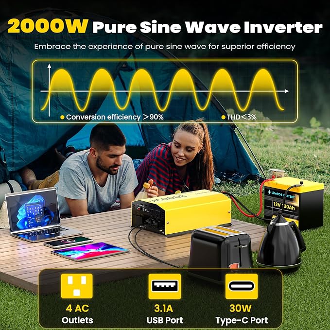 2000W Pure Sine Wave Inverter 12V DC to 120V AC Converter for Home, RV, Truck, Off-Grid Solar Power Inverter Built-in 3.1A USB, Type-C Port, AC Hardwire Output Port, Remote Control with LCD Screen