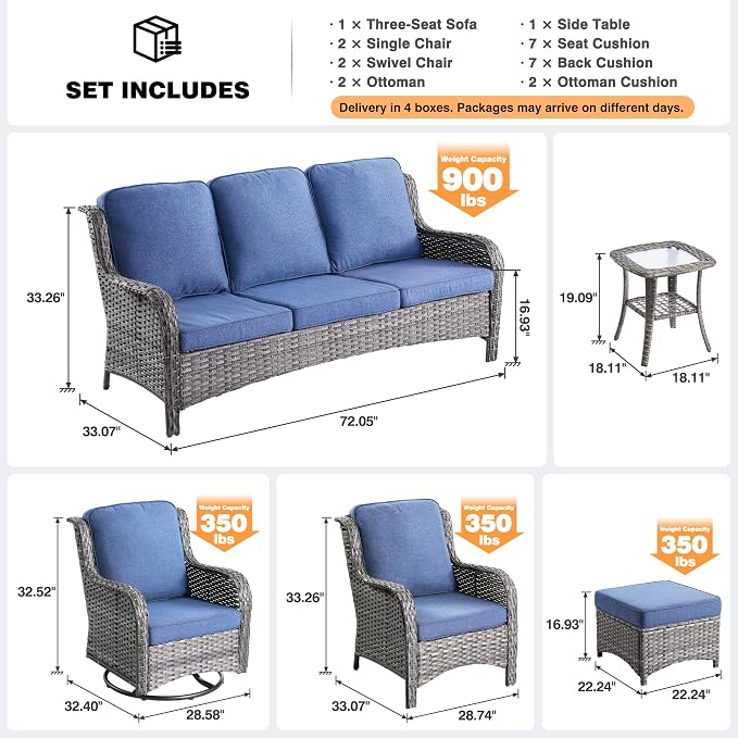 ovios 8 Pieces Patio Furniture Set with Swivel Rocking Chairs, Outdoor Wicker Sofa Couch Comfy Cushions, All Weather High Back Modern Conversation Set, Grey Rattan, Denim Blue