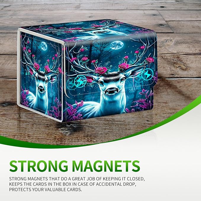 Card Deck Box for MTG, Cards Storage Box Fits 120+ Sleeved, Leather Small Size Strong Magnetic Closing Card Case for Board Games Magic TCG CCG Baseball Collection, Forest Flowers Deer