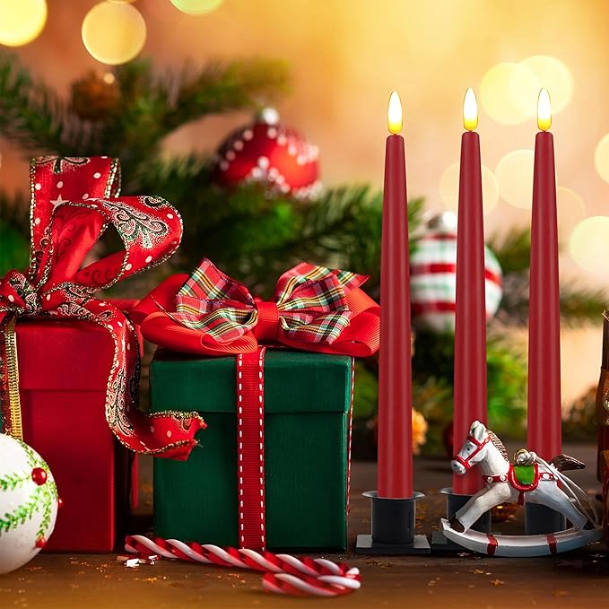 CVHOMEDECO. Flameless Taper Candles with 10-Key Remote, Battery Operated Led Flickering 3D Wick Window Candles Real Wax Finished Home Christmas Party Decor 0.78 x 11 Inch, Pack of 3, Red