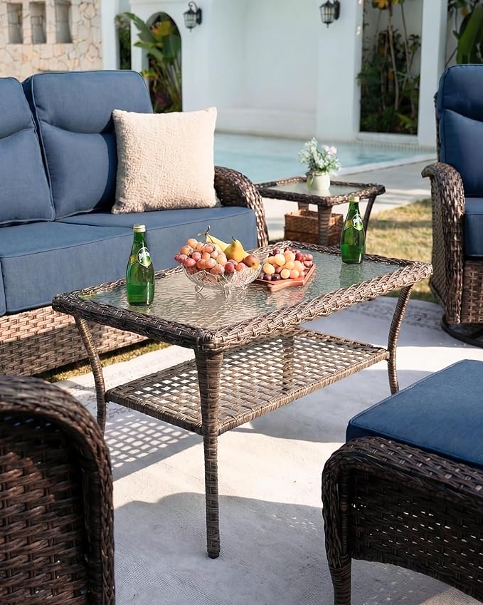 Belord Upgraded 6“ Cushion Luxury 5 Piece Patio Furniture Set - High Back Outdoor Furniture Set with Swivel Rocker Patio Chairs, All-Weather Wicker Conversation Set for Deck Porch Yard - Brown/Blue