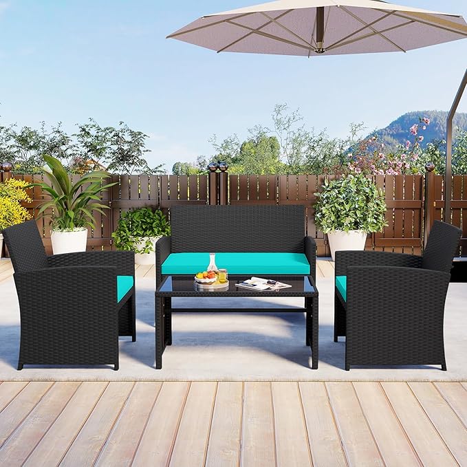 HAPPYGRILL 4 Piece Rattan Wicker Patio Conversation Set, Outdoor Furniture with Chair Loveseat Table & Cushion, for Backyard Porch Balcony (1, Black & Turquoise)