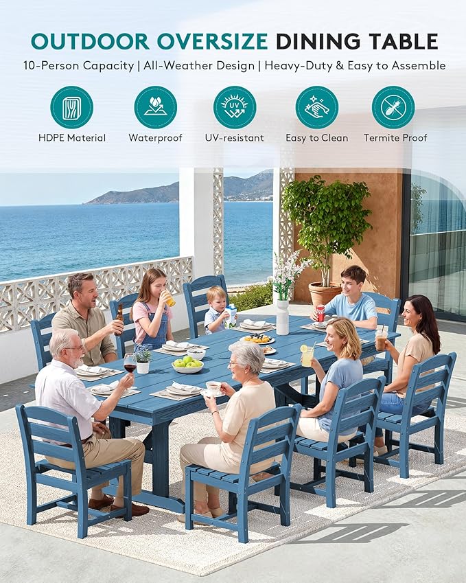 SERWALL 9 Piece Outdoor Dining Set, 84" HDPE Outdoor Table and Armless Chairs Set for 8，All Weather Patio Furniture Set with Umbrella Hole for Backyard, Garden, Blue
