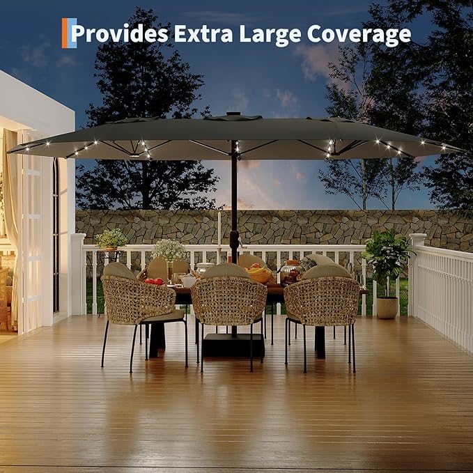 15FT Extra Large Double-Sided Patio Umbrella with Solar LED Lights – Heavy-Duty Rectangular Outdoor Market Umbrella, Fade-Resistant UV Canopy, Included Base for Backyard, Pool, Deck, Garden – Beige/Mist Blue