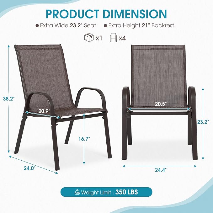 24.4" Wide Outdoor Stackable Chairs Set of 6, Stacking Patio Chairs with Textilene Fabric, Outside Furniture for Garden Backyard Balconie Poolside Deck, Brown