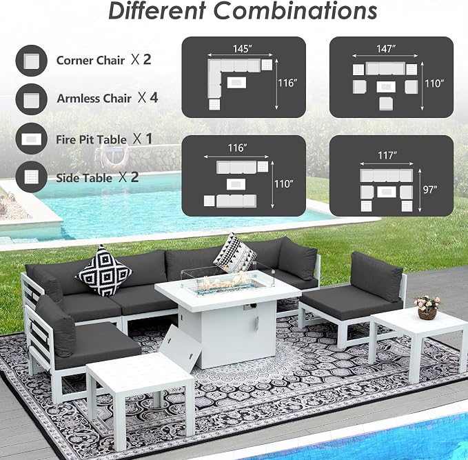 RADIATA 9 Piece Modern Aluminum Patio Furniture Set with Fire Pit Table & Side Table, 500 lbs Heavy Duty Outdoor Sectional Sofa, 29" Deep Wide Oversize Seating Conversation Couch for Garden, Dark Gray