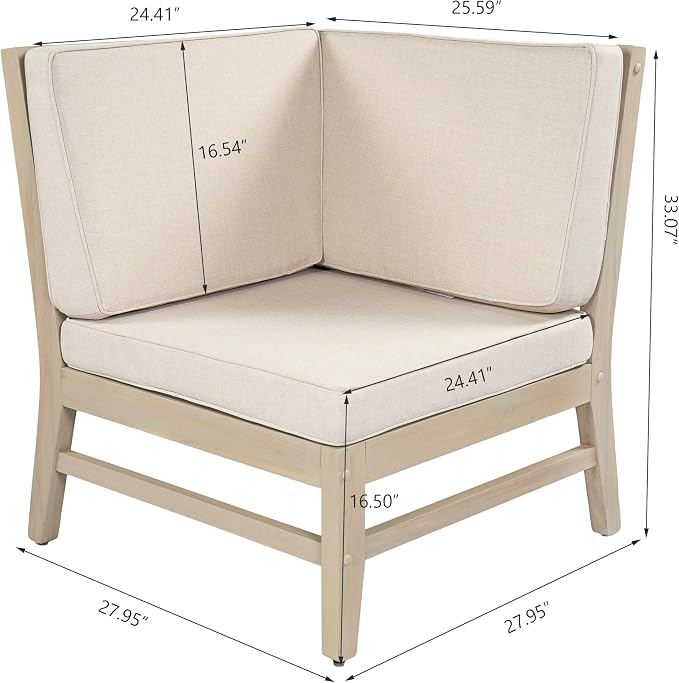 Christopher Knight Home Alex Acacia Wood Outdoor Patio Furniture Set for 6, Patio Sofa Set with Cushions, Patio Conversation Set with Sectional Sofa+Club Chairs and Coffee Table, Light White+Sand