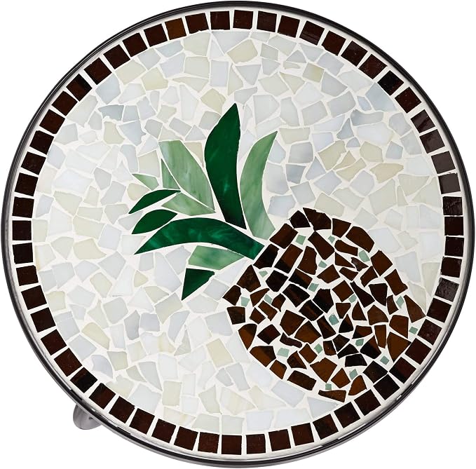 Teal Island Designs Beige Pineapple Modern Black Metal Round Outdoor Accent Side Table 14" Wide Black Glass Mosaic Tabletop Gracefully Curved Legs for Front Porch Patio Home House Balcony Deck Shed