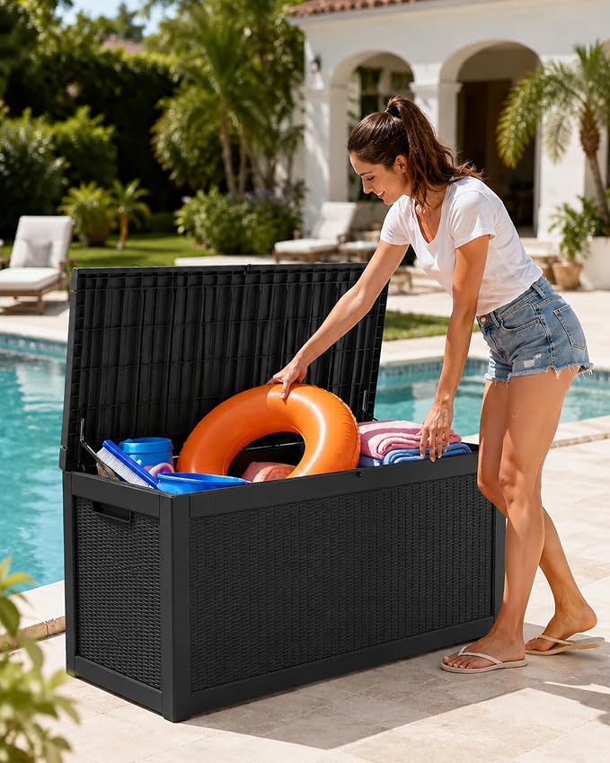 325 Gallon Extra Large Waterproof Deck Box, Heavy Duty Resin Outdoor Storage Box, Outside Storage Bench with Hydraulic Rod for Patio/Furniture Cushions/Garden Tools/Backyard/Pool Accessories, Black