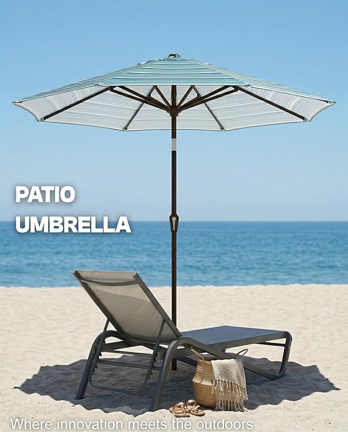 PatioKingdom Auto-Tilt 9FT Patio Umbrella Outdoor with 8 Sturdy Fiberglass Ribs,Market Table Umbrella for Pool,Backyard,Deck and Garden