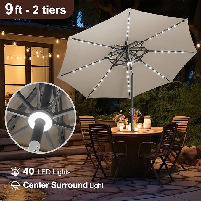 FLAME&SHADE 2 Tiers 9ft Solar Light Patio Umbrella, 40 LED lights outdoor umbrella with Centre Surround Light, Table Market Umbrella for Deck, Pool, Porch, Backyard, Garden (Taupe)